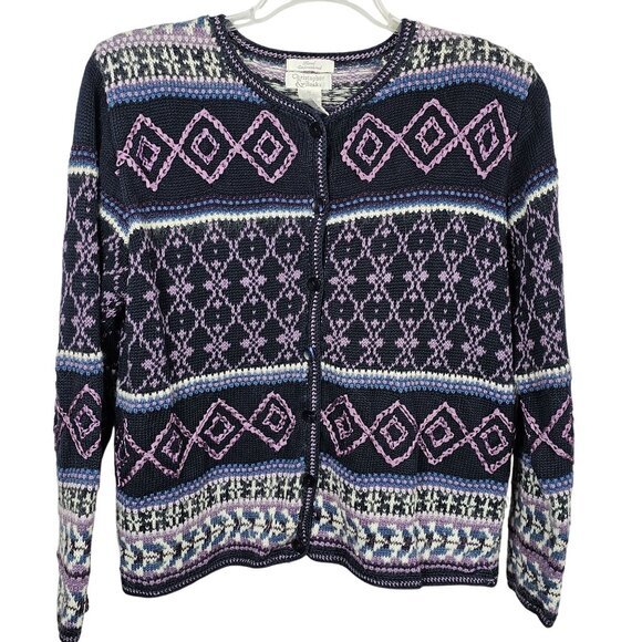 Womens M Cardigan Sweater Hand Embroidered Ramie Blend Button Blue & Purple Vtg - Picture 1 of 15
